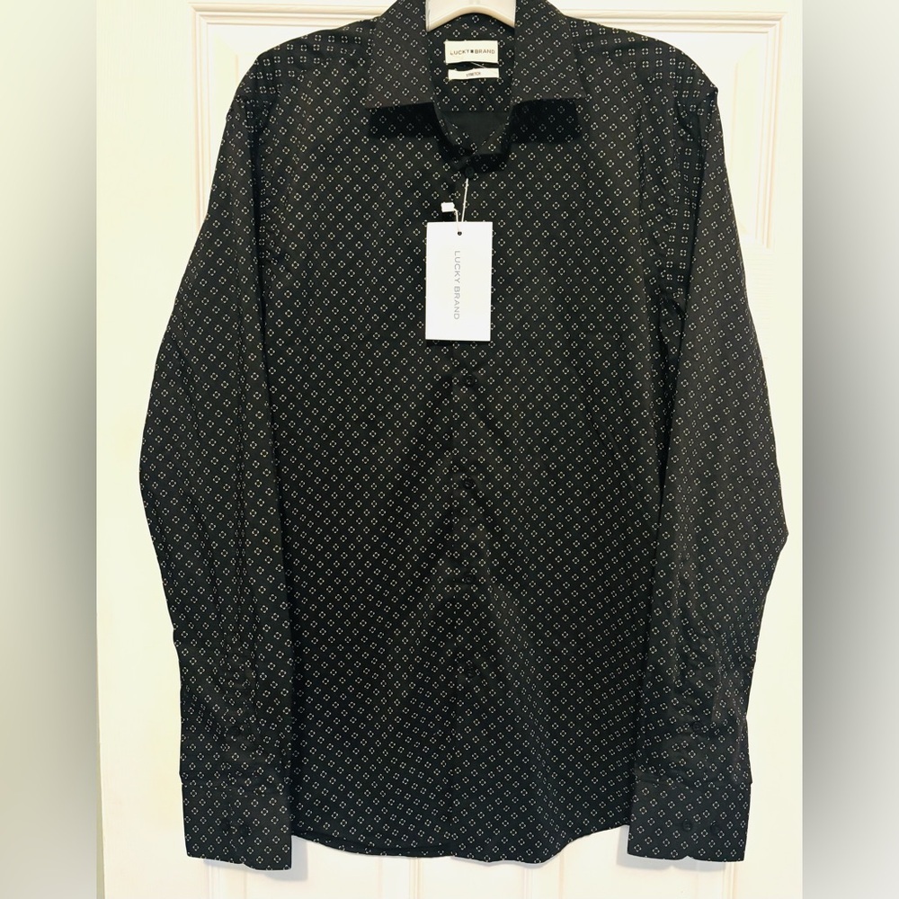 NWT Lucky Brand 4 Way Stretch Black  Geometric No Iron Dress Shirt Size: M